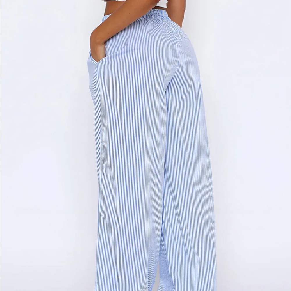 Commense Striped Blue and White Wide Leg Pants High Waisted - Picture 2 of 4